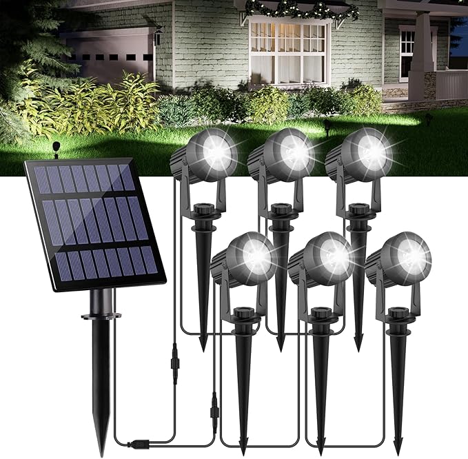Solar Spot Lights Outdoor, Landscape Spotlights IP65 Waterproof 9.8ft Cable, Dusk to Dawn Solar Uplights for Trees Garden Yard Driveway Porch Walkway Pool (6-in-1, 6000K Cool White)