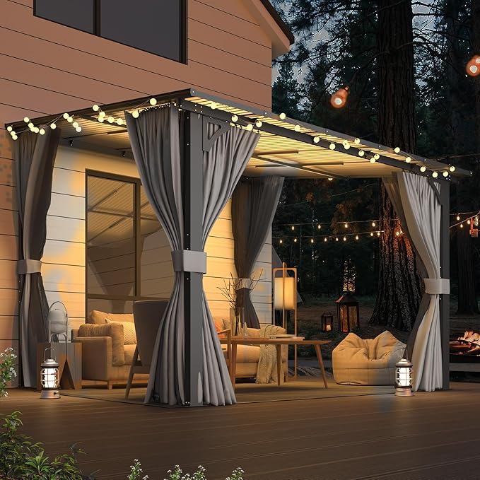 AECOJOY 10’ x 10’ Gazebo, Wall Mounted Gazebos Pergola with Curtains and Mosquito Netting, Enhanced Protective Outdoor Patio Lean to Gazebo Awnings for Deck, Porch, Backyard and Outside