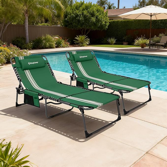 KingCamp 2 Pack Folding Lounge Chair Outdoor, Tanning Chair with Face Hole Comfy Adjustable 5-Position Foldable Chaise Chaser Lounger for Outside Beach Patio Sun Bathing Pool, Green/White
