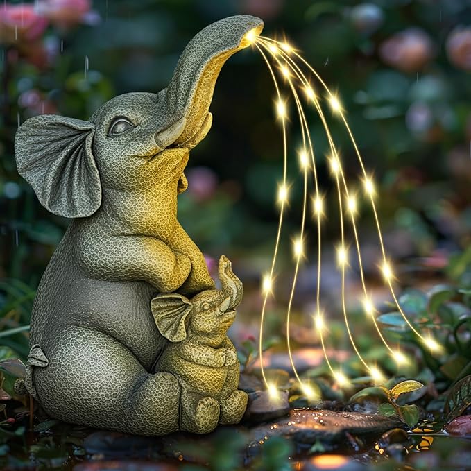 Solar Garden Outdoor Statue with 30 LED Lights - Lawn Decor Elephant Figurine for Patio, Balcony, Yard Ornament - Unique Housewarming Lucky Elephant Mother Gift