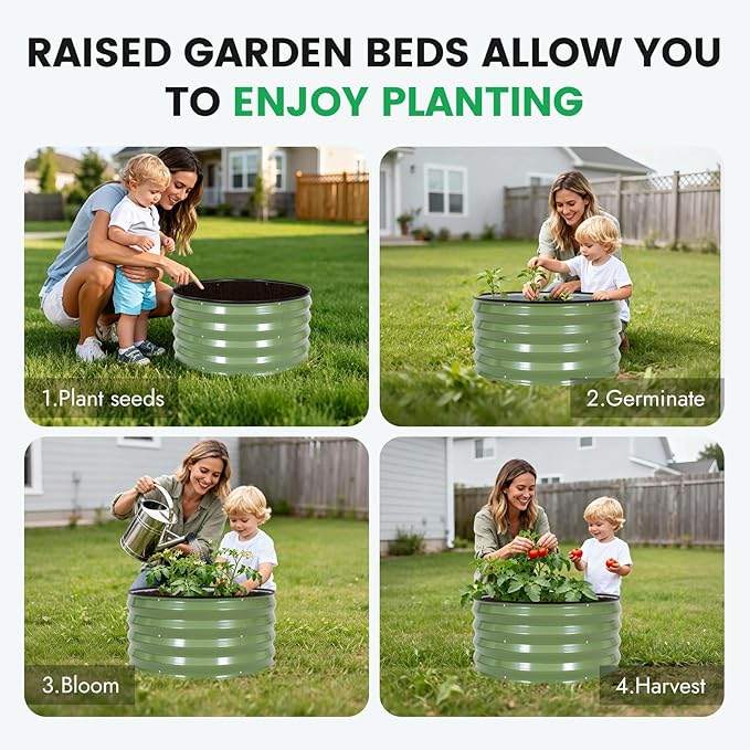 INNO STAG 3 Pcs Round Galvanized Raised Garden Bed — 2×2×1ft Planter Box Outdoor Raised Beds Kit for Gardening Vegetables, Fruits, Herbs, and Flowers, Olive Green