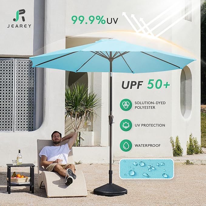 JEAREY 9FT Patio Umbrellas Outdoor Table Umbrella with Push Button Tilt and Crank, Market Umbrella 8 Sturdy Ribs UV Protection Waterproof for Garden, Deck, Backyard, Pool (Sky Blue)