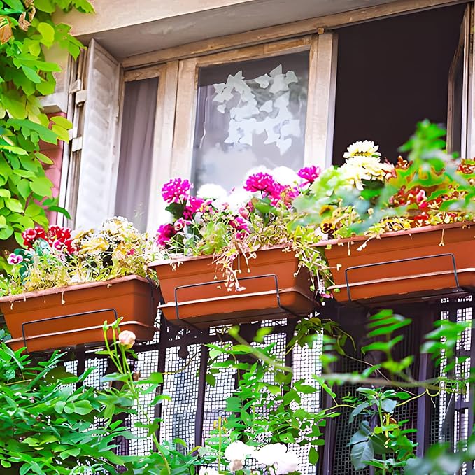 6 Packs Window Box Planter, 17 Inches Flower Window Box Rectangular Plastic Vegetable Planters with Trays for Windowsill, Patio, Garden, Balcony, Brick Red