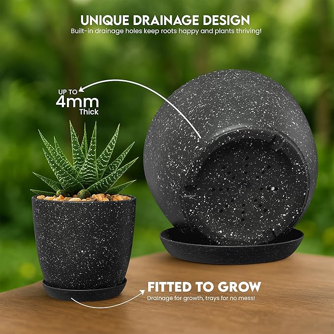 Utopia Home - Spotty Plant Pots Indoor with Drainage - 7/6.6/6/5.3/4.8 Inches Flower Pots - 10 Pack Plastic Planters - Ideal for Stocking Stuffers - (Speckled Black, Pack of 10)