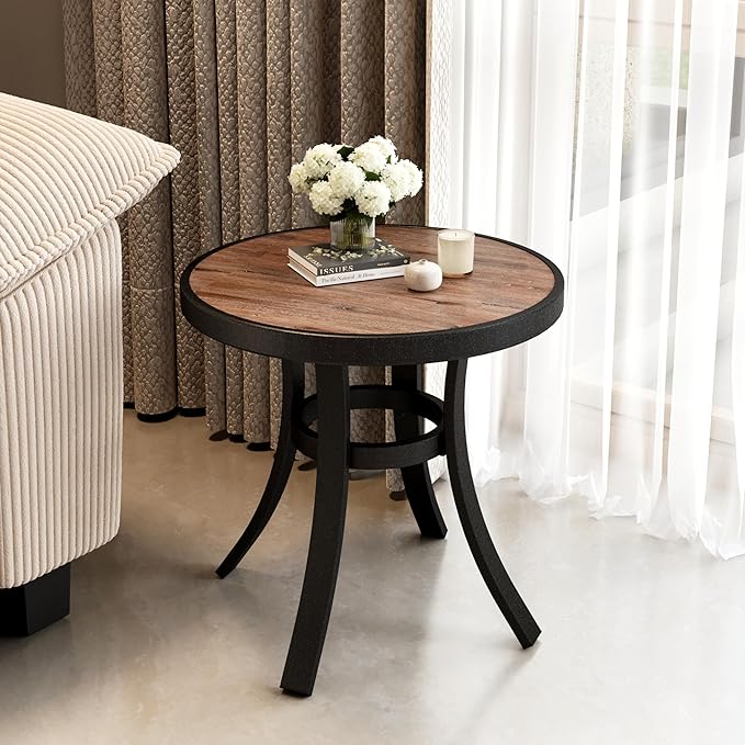 PHI VILLA Outdoor Round Side Table, 19" Small Metal End Table with Wood-Lile PVC Top for 2, All Weather Coffee Bistro Table for Patio, Deck, Porch, Balcony, Indoor