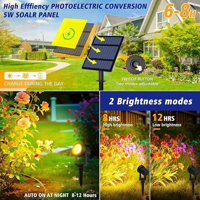 T-SUNUS Solar Spot Lights Christmas 6-in-1 Outdoor Warm White 3000K Landscape Spotlight IP65 Waterproof Separated Panel Spotlights with 9.8ft Cable Auto On/Off for Tree Lawn Driveway Pathway Halloween