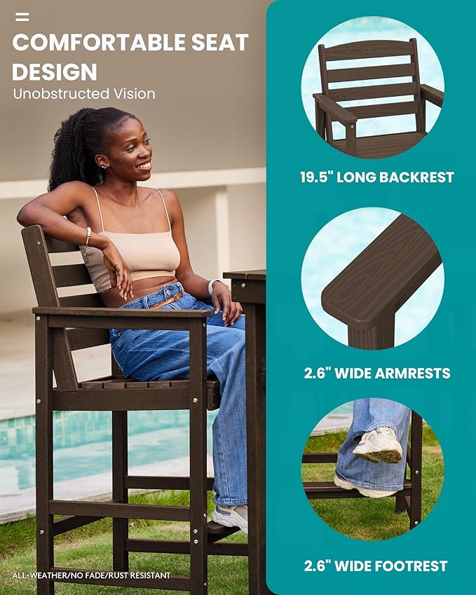 SERWALL Outdoor Bar Table and Chairs Set, Adirondack Bar Chairs Set of 2 and Bar Height Table, All Weather HDPE Patio Bar Set, Outdoor Furniture for Outside, Coffee