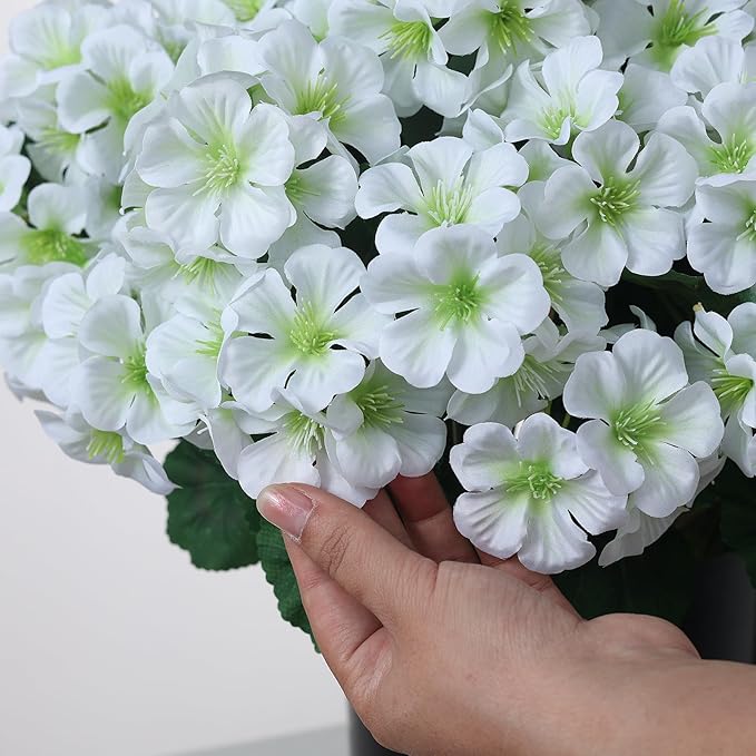 2 Pack Artificial Geranium Flowers Topitary Trees for Outdoors, UV Resistant Geraniums Potted Bushes Look Real Silk Faux Plants for Front Door Garden Porch Planter Farmhouse Home Decor (White)