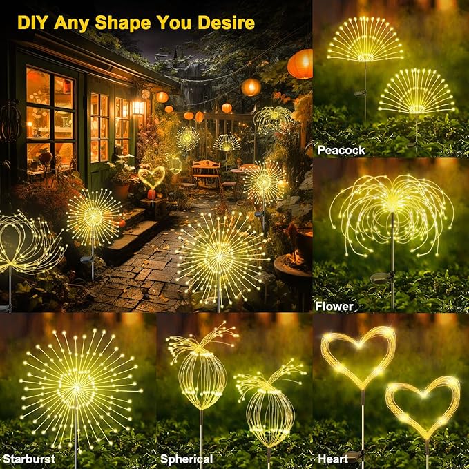 Solar Garden Lights Outdoor, 2 Pack 120 LED Twinkling Firework Lights Decorative with 2 Modes, Outdoor Waterproof Solar Starburst Light for Outside Yard Pathway Garden Decor, Warm White