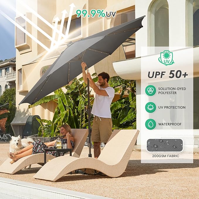 JEAREY 9FT Outdoor Patio Umbrella with Solar Lights, LED Lighted Pool Umbrella with Tilt and Crank, Outdoor Table Umbrellas for Deck, Yard & Market (Dark Gray)