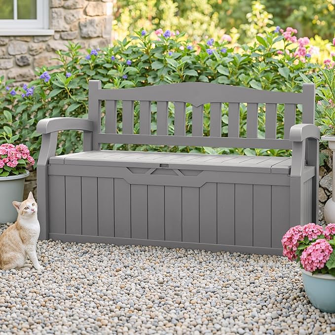 Homall 75 Gallon Outdoor Storage Benches Lockable Deck Box with Waterproof and UV Resistant, Waterproof Storage Box for Patio Furniture, Tools, Cushions (Grey)