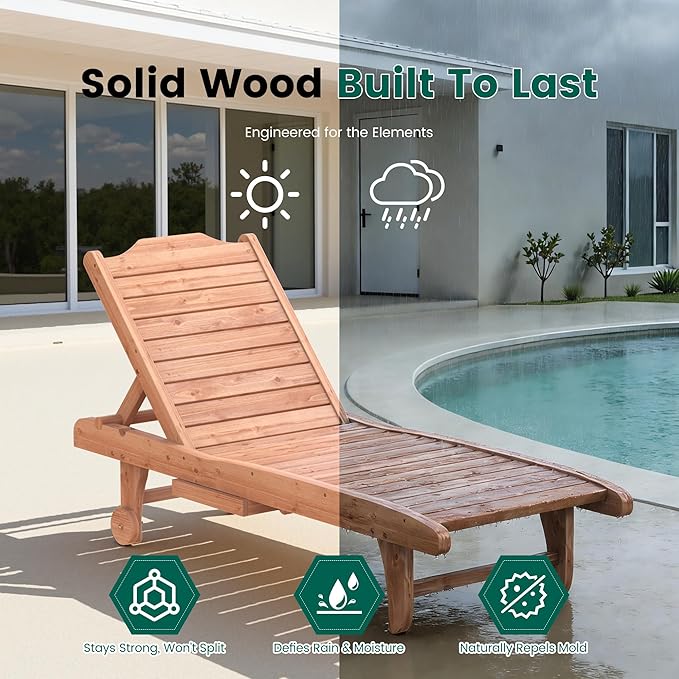 Wooden Chaise Lounge Chair, 3-Position Adjustable Outdoor Tanning Chair with Hidden Side Tray & Wheels, Poolside Patio Sun Chair