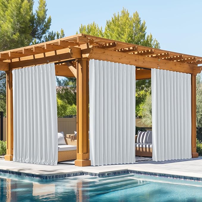 NICETOWN 2 Panels Outdoor Curtains Waterproof Pocket & Back Tab on Top & Bottom, Thermal Insulated Windproof Sun Blocking Outside Privacy Drapes for Patio with Fixed Rope, W84 x L95, Greyish White