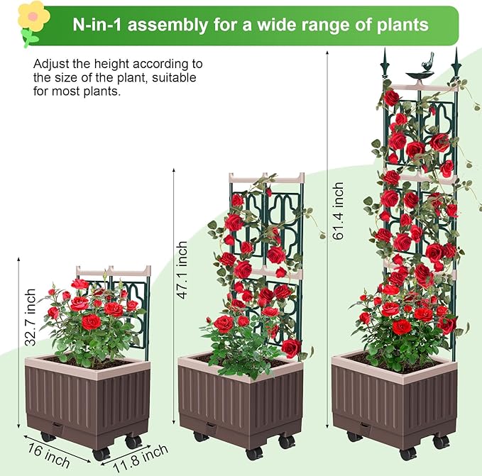 Raised Garden Bed Planter Boxes with Trellis,61.4" Self-Watering Trellis with Planter Box for Climbing Plants Flowers Vegetables with Wheels,Use for Indoor Outdoor