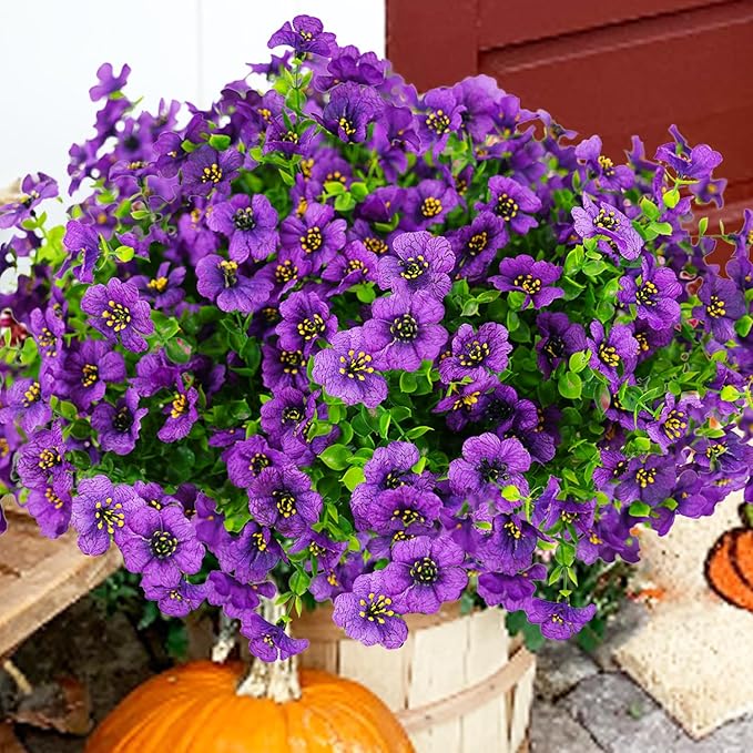 Artificial Flowers for Outdoor, UV Resistant Fake Silk Flowers, Realistic Faux Plants for Outside Indoor Porch Patio Window Box Planter Home Decor (20, Purple)