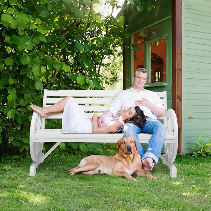 VINGLI Rustic Wooden Wheel Bench Outdoor Bench, Patio Bench Wagon Slatted Seat, Garden Benches for Outdoors 350lbs High Capacity, Weather Resistance (White, 55in)