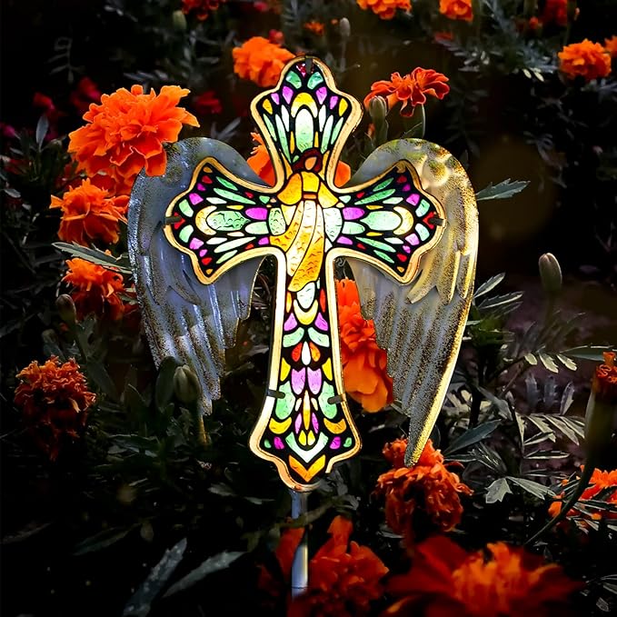 YJFWAL Solar Glass Cross Garden Stake Light, Cemetery Decorations for Grave Outdoor Lights, Easter Jesus Cross Angel Wings Sympathy Memorial Gifts, for Garden Lawn Yard Patio Decor