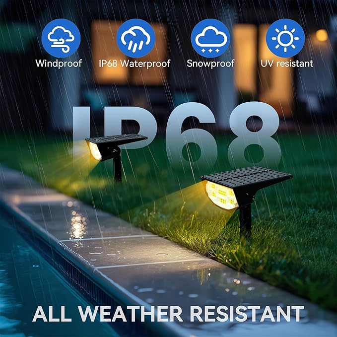 Solar Spot Lights Outdoor IP68 Waterproof, Ultra-Bright Performance，Simple Modes for Easier Operation, Auto On/Off，Solar Powered Landscape Lights for Garden, Yard, Pathway (Warm White, 4 Pack)