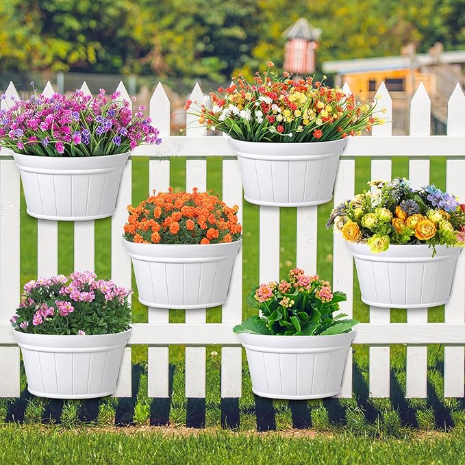 Layhit 6 Pcs Wall Hanging Planters Outdoor Pot Planter Wine Barrel Planter Distressed Oak Thickened Plastic Water Storage Flower Pots for Flower Indoor Outdoor(12 Inches,White)