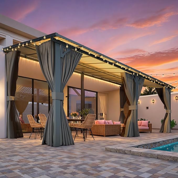 AECOJOY 20' x 8' Outdoor Gazebo Pergola with Curtains and Netting, 8'x20' Large Wall-Mounted Hardtop Lean to Gazebo Shelter Pergolas and Gazebos Clearance with Patio Roof, Heavy Duty Metal Awnings