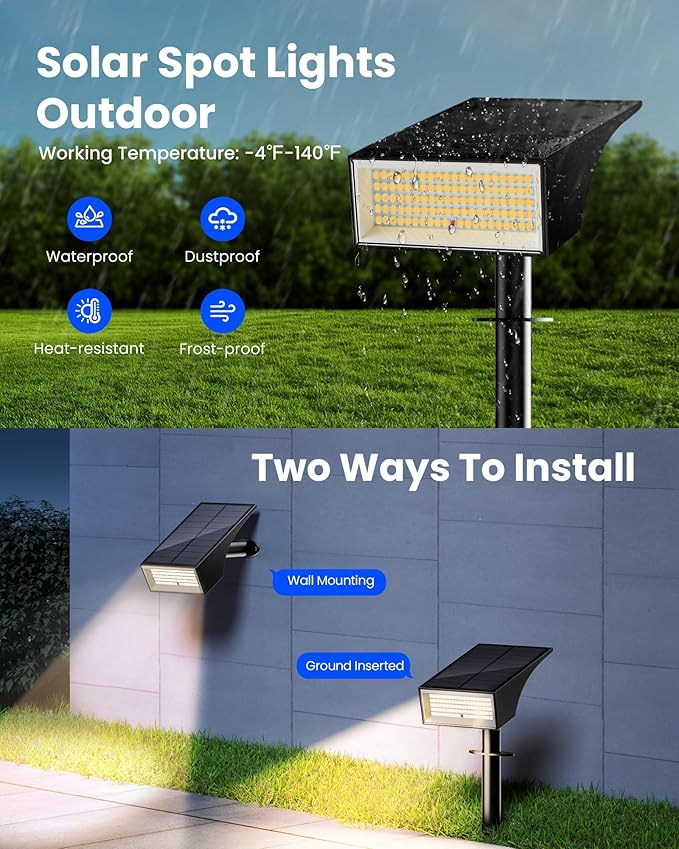 Koicaxy Solar Lights Outdoor Waterproof 8 Pack IP65, 100 LEDs 4 Light Modes, Higher Charging Efficiency, Auto On/Off Solar Landscape Spotlights for Garden Decor Yard Pathway Patio - Warm White