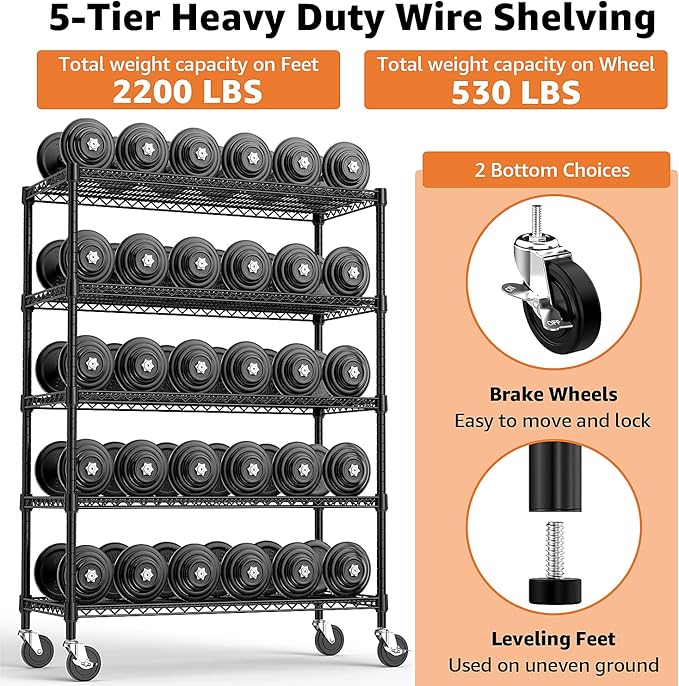53" W Garage Shelving 5 Tier Industrial 2200LBS Metal Shelving Units for Commercial, Basement, Pantry, Warehouse, School, Black Heavy Duty Easy Assembly 53.2" W x 23.6" D x 73.6" H