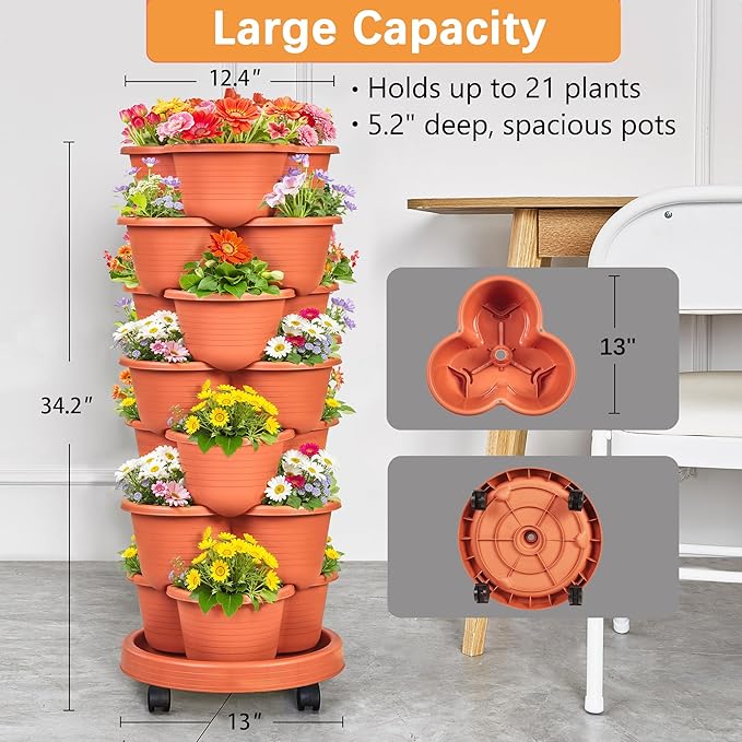 VECELO 7 Tier Vertical Garden Planter, Self Watering Stackable Planters with Wheels for Strawberries, Herbs, Flowers, Vegetables, Red