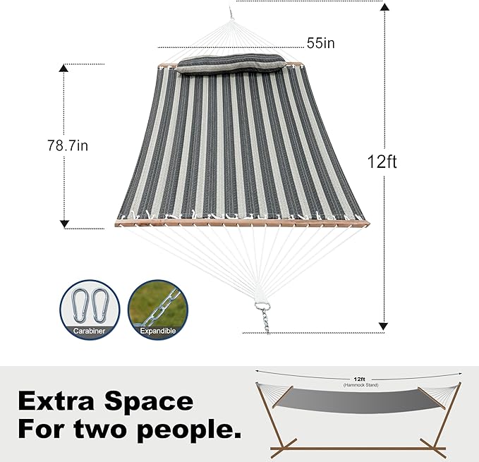 2 Person Hammocks for Outside, Double Quilted Fabric Outdoor Hammock with Spreader Bar, Large Removable Pillow, Storage Pockets, Carabiners, Max 475 lbs Capacity (Mountain Mist Gray)