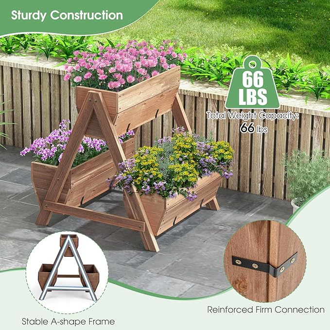 Giantex Vertical Raised Garden Bed, 3 Wood Planter Boxes for Flower Vegetable Fruit Herb, Freestanding Garden Planter with Drain Holes, Elevated Raised Beds for Indoor Outdoor Lawn Patio Yard, Brown