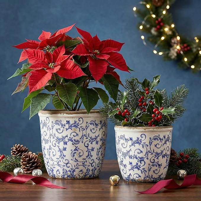 Vintage Ceramic Planter with Drainage Hole, Plastic Tray & Mesh, 6.5 Inch - Indoor/Outdoor Flower Pot, Blue Floral Rustic Farmhouse Design Plant pot for Home, Office & Garden Décor, Ideal Gift