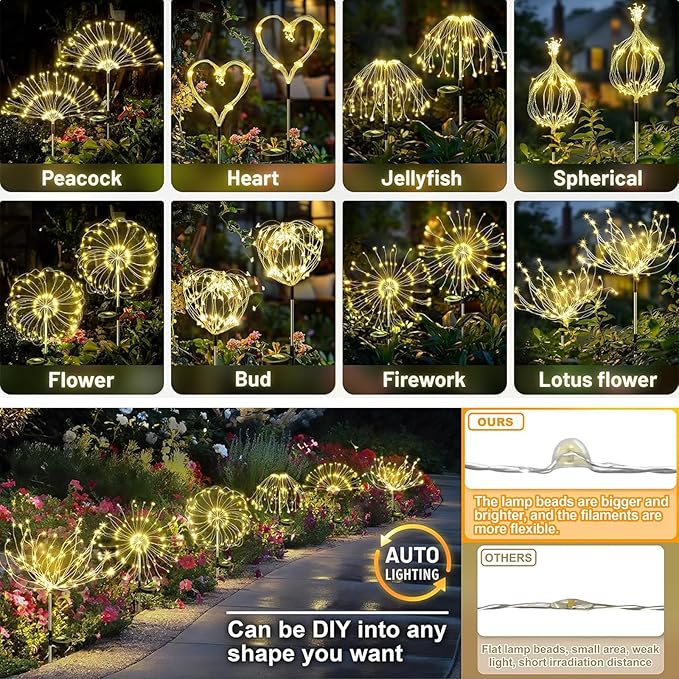 4 Pack Solar Firework Lights 200 LED Create Magical Nights, Waterproof Starburst Fairy Lights for Garden Yard Patio Christmas Romantic Wedding Party Decor(Warm White)