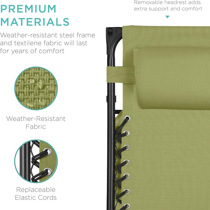 Best Choice Products Folding Zero Gravity Outdoor Recliner Patio Lounge Chair w/Adjustable Canopy Shade, Headrest, Side Accessory Tray, Textilene Mesh - Dusty Green