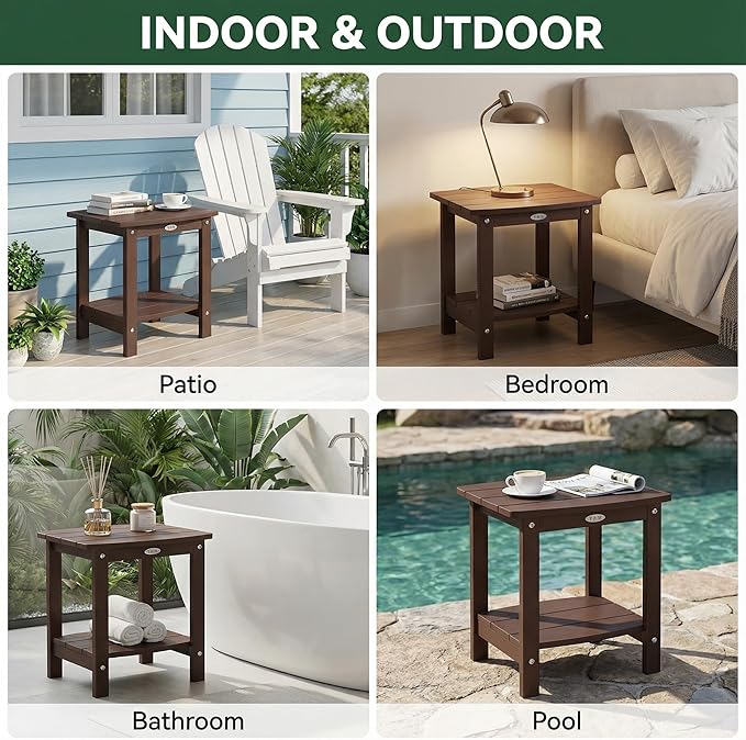 Y&M Outdoor Side Table, HIPS Adirondack Small Double Layer Table, Waterproof Square Outside Table, Balcony End Tables for Patio, Pool, Porch, Deck, Indoor or Outdoor Use, Coffee
