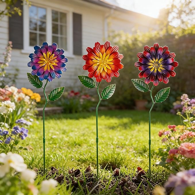 Metal Flowers for Outside,3 Pack Flowers Decorative Garden Stakes Spring Decor,Waterproof Metal Yard Art for Outside,Lawn,Patio,Yard