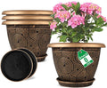 8 Inch Flower Pots Planters for Indoor Outdoor Plants, 4 Pack Plastic Small Plant Pots with Drainage Hole & Tray, Modern Decorative Garden Pot with Saucer, Plant Container for House