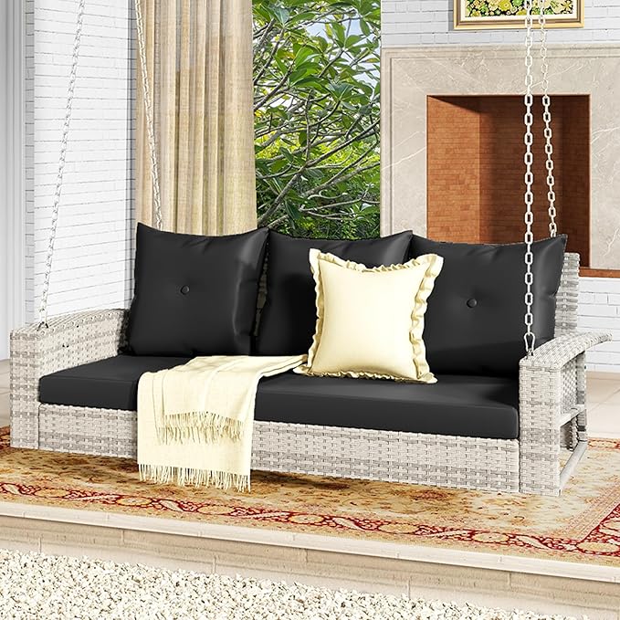 DWVO 3-Seats Wicker Hanging Porch Swing Chair Outdoor Gray Rattan Patio Swing Lounge 3 Back Cushions Capacity for Garden, Balcony, Gray Rattan Black Cushion
