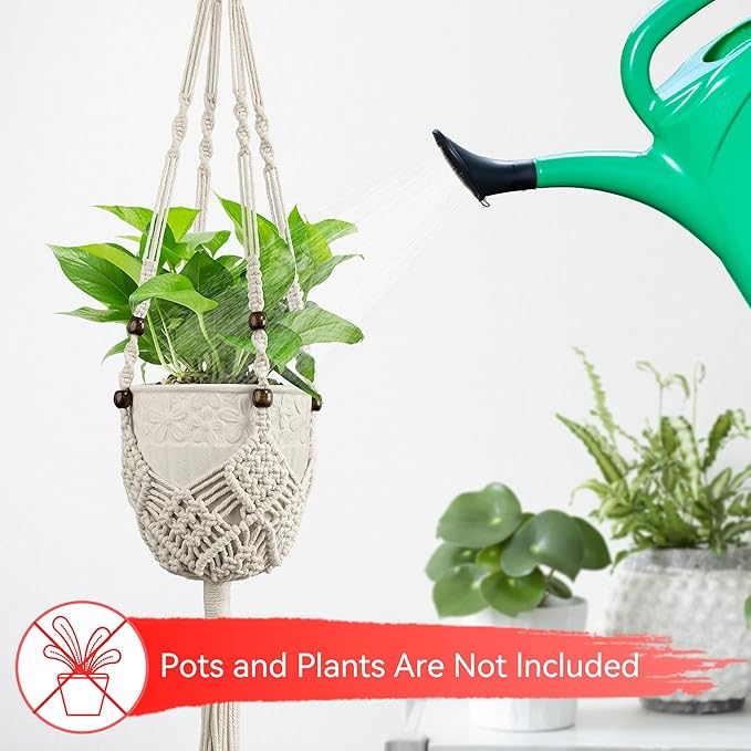 USLAI Macrame Plant Hanger Indoor Outdoor, Fits 3 to 6.5 inch Pots, Hanging Planter Holder with Beads and Tassels, Boho Home Decor, 35+35 Inch, Ivory (POTS NOT Included)