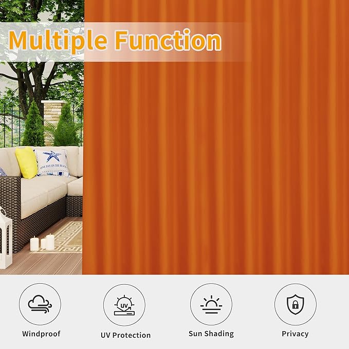 Easy-Going Outdoor Patio Curtains Detachable Tab Top Windproof Weatherproof Curtain for Cabana, Porch, Pergola and Gazebo, Tab Bottom Drape, 2 Panels, 110W x 96L inch, Orange