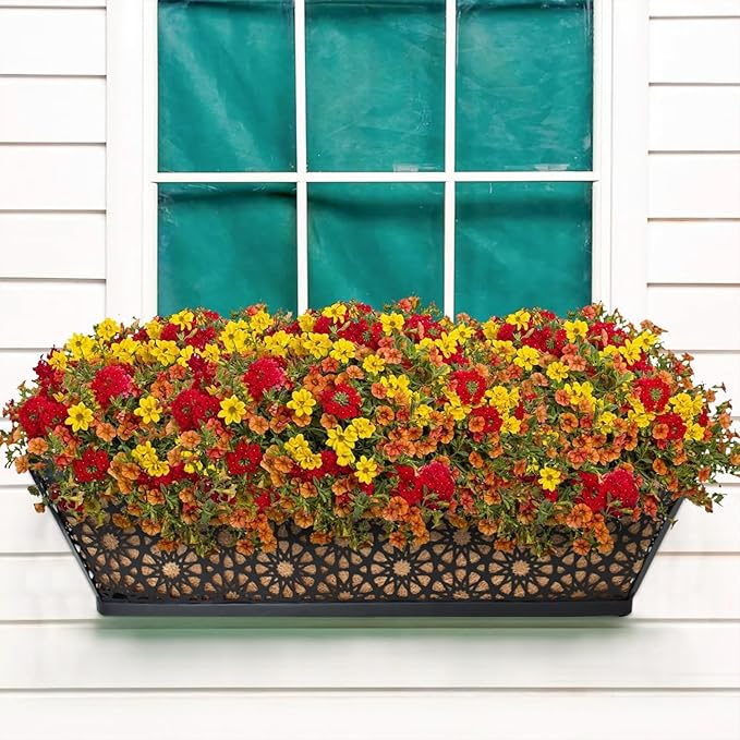 Halatool 24 Inch Window Box with Coco Liner, 2 Pack Sturdy Metal Flower Railing Planter with Coco Coir Basket Liners for Window Deck Fence Porch Balcony and Patio Outdoor Indoor Lawn