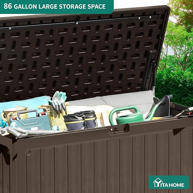 YITAHOME 90 Gallon Large Deck Box with Side Handles, Outdoor Double-Wall Storage for Patio Furniture Cushions, Garden Pool Accessories, Waterproof & Lockable