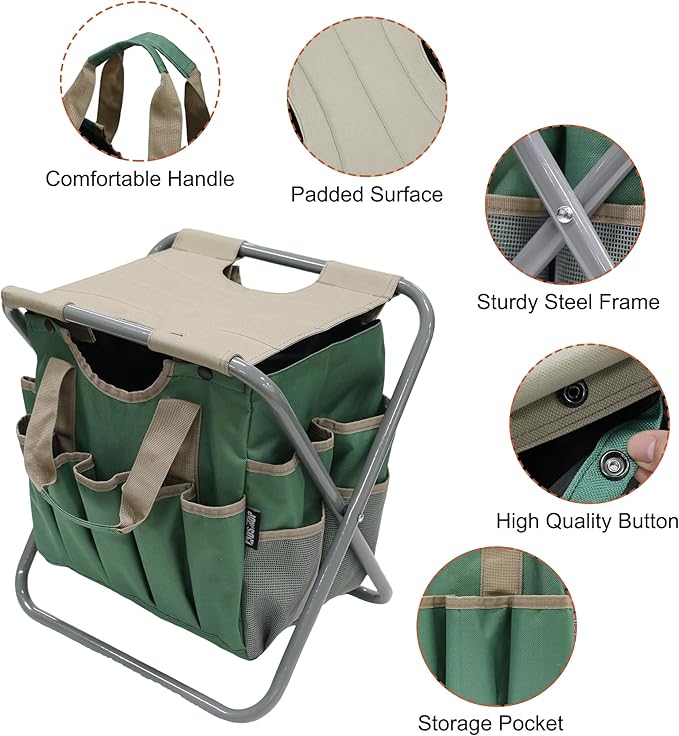 MDSTOP Folding Gardening Stool with Detachable Storage Tote Bag, Gardening Tools Set Organizer for Fishing Outdoor Sports Hiking Camping Garden, Gardening Gifts for Mom/Dad and Gardeners (Polyester)