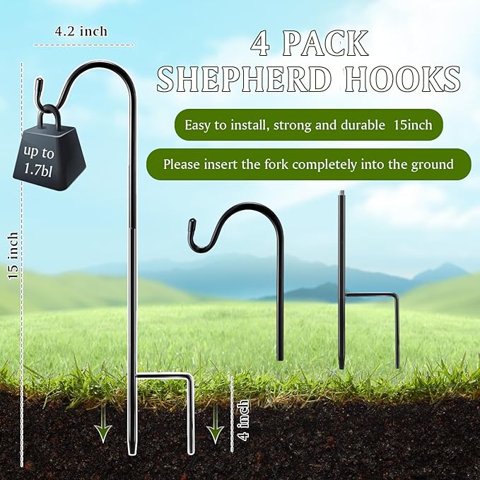 4 Pcs 15 Inch Shepherds Hook for Outdoor Adjustable Bird Feeder Pole Metal Steel Shepard Hooks for Hummingbird Stand Feeder Pole for Garden Plant, Lantern, Hanging Wedding Decor