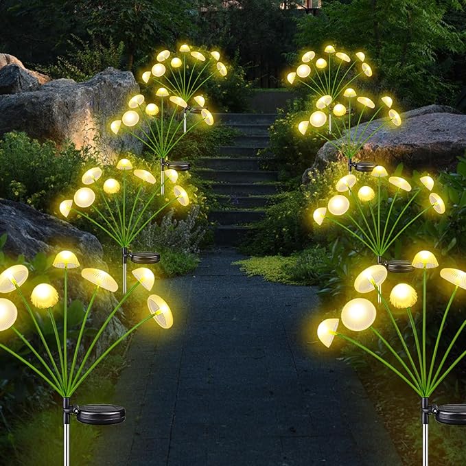 2PK 16LED Solar Garden Lights Outdoor, Mushroom Solar Lights Outdoor, IP65 Waterproof Firefly Light Outside Decor for Patio Pathway, Sway by Wind for Pathway Garden Mushroom Decorations, Warm White