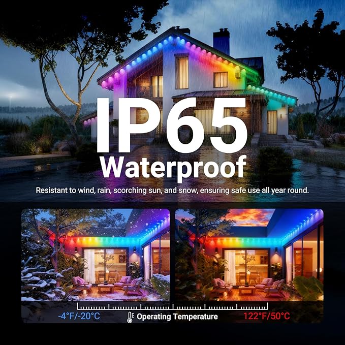 NEEWER 196ft Permanent Outdoor Lights for House Decor, Smart AI RGBCW Outside Eaves String Christmas Lighting with 120 LED Lights App Control 50+ Scenes IP65 Waterproof, Compatible with Alexa, NR02