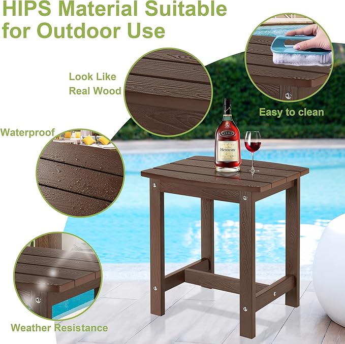 Y&M Outdoor Side Table, HIPS Adirondack Small Single Table, Waterproof Square Outside Table, Balcony Modern End Tables for Patio, Pool, Beach, Porch, Deck, Indoor or Outdoor Use (Coffee, 2 Pack)