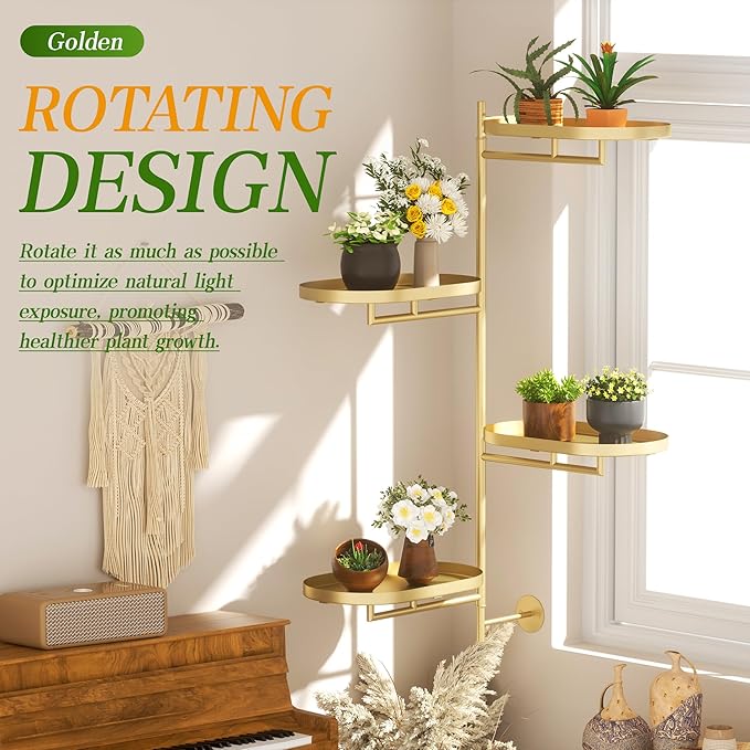 Window Rotating Plant Stand Shelf Indoor Gold Metal Floating Shelves 4-Tier Wall Mount Plant hanger Holders for Wall Planter Modern Home Decor window sill gifts