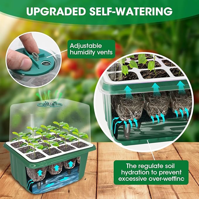 5PCS 60 Cell Self Watering Seed Starter Tray with Grow Light, Reusable Silicone Seed Starter Kit with Humidity Dome, 60 Cells Plant Germination Trays for Seeding Planting Growing（5-Pack 60-Cell）