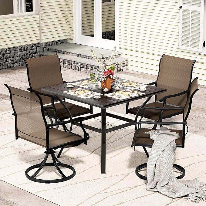 LEVELEVE 5 Piece Outdoor Patio Dining Set with 4 Swivel Dining Chairs & 1 Large Round Dining Table,Bistro Furniture Set for Lawn, Garden, Deck, Backyard and Porch