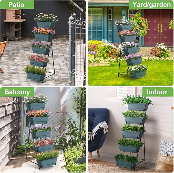 5 Tier Vertical Raised Garden Bed Planter Box, Vertical Raised Bed with Drainage Holes for Indoor Outdoor Herbs Flowers Vegetables Plants, Grey