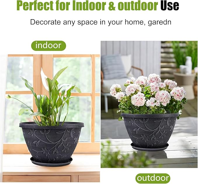 4 Pack 8 Inch Flower Pots for Outdoor Indoor, Plastic Plant Pots with Drainage Hole & Saucer, Lightweight Small Resin Flower Pot, Imitation Magnolia Pots for Garden House planters（Gray）